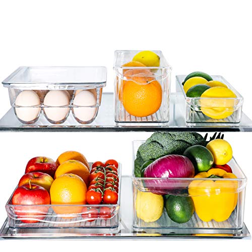 E-Gtong 5 Pack Fridge and Freezer Bins with Handles,Plastic Refrigerator Storage Organizer Bins BPA-Free Stackable Food Storage Containers for Fridge, Freezer, Pantry and Kitchen Clear