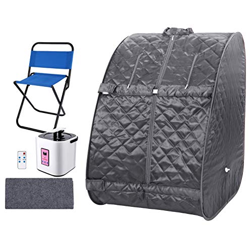 Portable Home 2L Steam Sauna with Remote Control,Indoor Foldable Steam Sauna Tent Spa Pot Loss Weight Detox Relaxation (with Foldable Chair& Timer) (Gray)