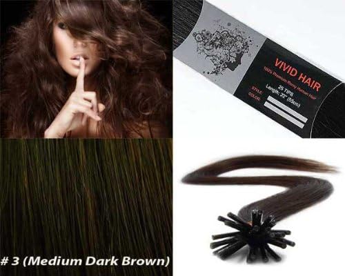 Vivid Hair 25 Strands Straight Keratin I Tip Stick Glue Human Hair Extensions Color #3 (Medium Dark Brown)