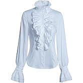 VANGARSUN Women Victorian Gothic Ruffled Lotus High Neck Lace Lantern Long Sleeve Top Blouse Shirt