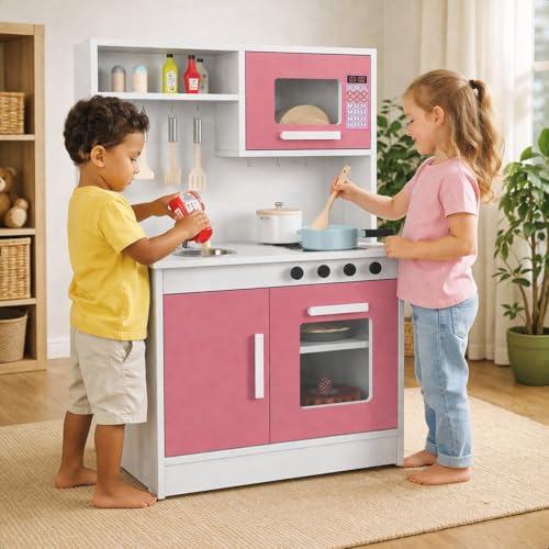 Cozinha Infantil Encanto Completa Nicho Forno Micro-Ondas Ganchos Porta Utensílios Torneira Metálica Pia Fogão Cooktop Armário Criança Menina Menino - RP Online (Branco/Rosa)