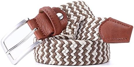 Meetloveyou Men Woven Braided Woven Elastic Stretch Belt With Covered Buckle1-3/8" Wide BrownWhite 130cm