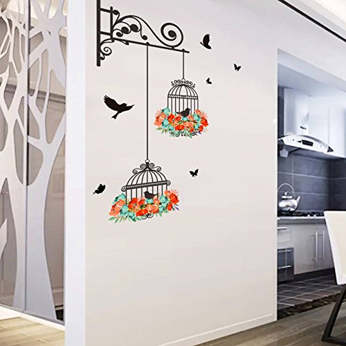 BIBITIME 2 Flower Wreath Birdcages with Black Birds Wall Decal Vinyl Butterfly Sticker for Office Window Living Room Porch Door Back Kitchen Bedroom DIY Art Mural