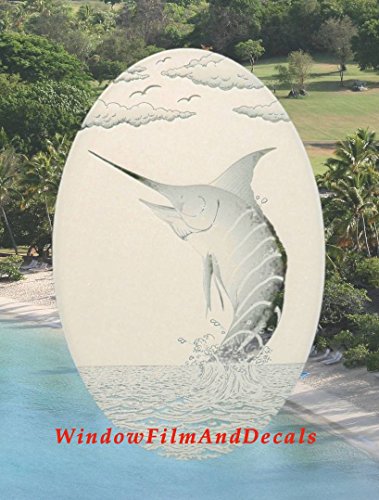 Oval Marlin Etched Window Decal Vinyl Glass Cling - White with Clear Design Elements (15" x 23")