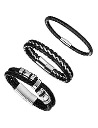 Jstyle 3Pcs Stainless Steel Braided Leather Bracelet for Men Women Leather Wrist Band Cuff Bangle Bracelet Magnetic Clasp 7.5-8.5 inches