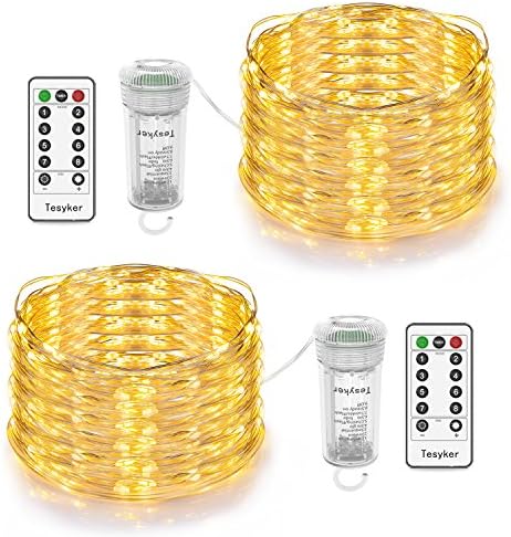 tesyker 2 Pack Fairy Battery Operated, IP67 Waterproof 8 Modes String Remote Control 66 LEDs 16.4ft Sliver Wire Warm White Christmas Firefly Lights for Patio,Garden,Party,F