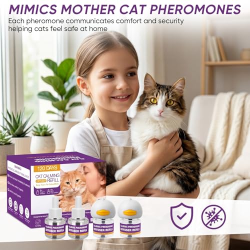 Cat Calming Pheromone Diffuser Kit, 2 Plug-Ins + 4 Refills (48ml Each), Helps Reduce Stress, Spraying & Scratching, Supports Harmony for Multi-Cat Homes, Drug-Free Comfort for Cats & Kittens