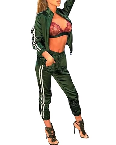 Minetom Damen Sportanzüge Jogginganzug Sexy Satin Reißverschluss Jacke Mantel Beiläufig Streifen Fitness Hose Freizeithose 2 