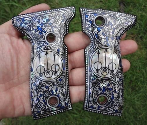 PEARL INLAYED GRIPS GIFTS WOOD PISTOL FIREARMS PYTHON BERETTA 92/FS LOGO BLUE CL