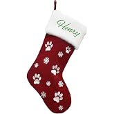Custom Dog Christmas Stocking Personalized Dog Paw Christmas Stockings | Xmas Embroidered Dog Name Sockings for Pets Paw Snowflake Print Stocking for Fireplace Mantel Decor 18" Red