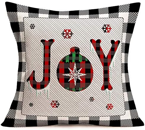 Asminifor Christmas Pillow Covers Classic Buffalo Checkers Plaid Throw Pillow Covers Cotton Linen Merry Christmas Snowflake Joy Peace Words Decorative Pillow Case Cushion Cover 18 x 18 Inches (BP4)