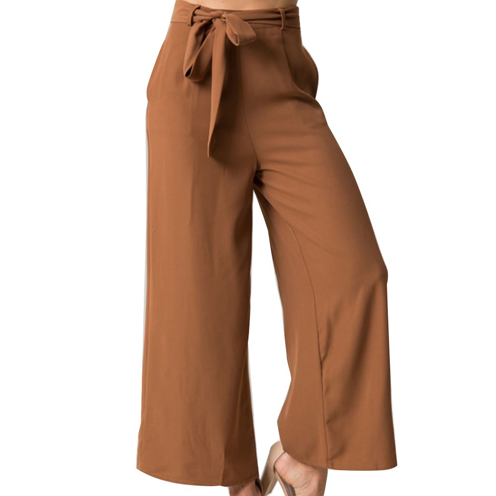 Women\'s Vintage Casual Loose Culottes High Waisted Wide Leg Belted Palazzo Pants Brown L