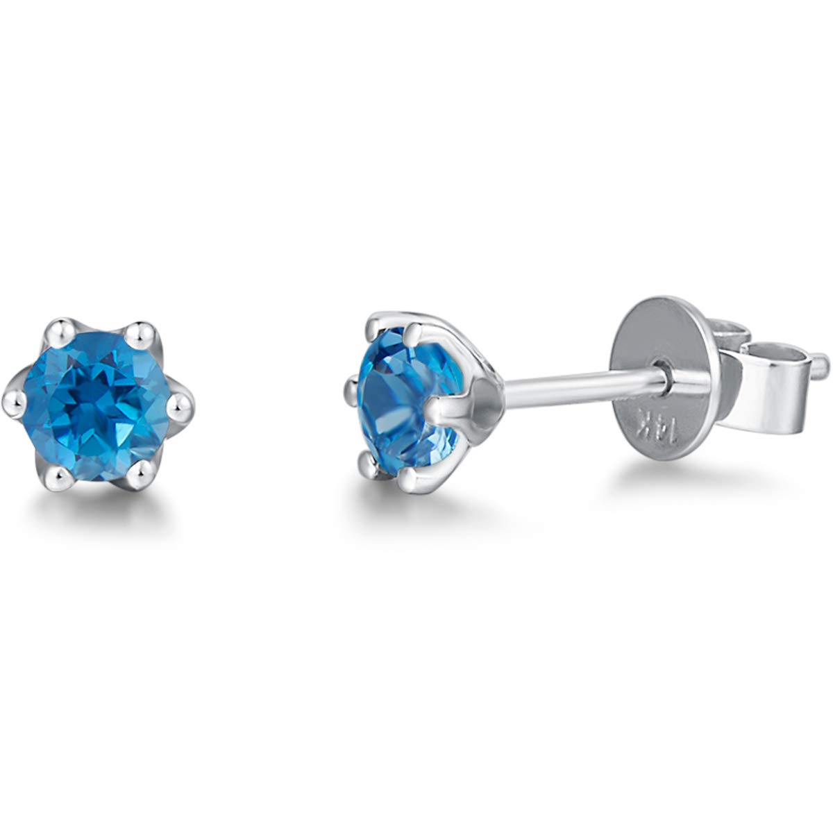 Solid 14 Carat 585 White Gold Small Stud Earrings with Genuine Natural London Blue Topaz Jewellery for Ladies Girls Mum - Diameter: 5 mm