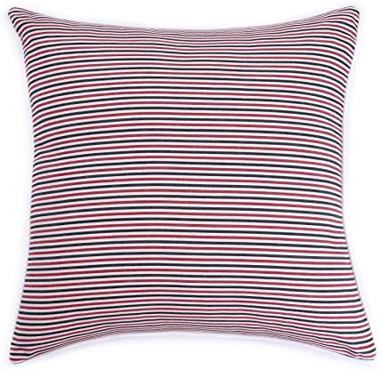 Homier Multi-Color Striped Cotton Decorative Pillow Cover Throw Cushion Case for Sofa Couch - Maroon Red, Navy Blue, and Cream Beige Stripes with White Accent Piping - 100% Cotton, 20 x 20 Inches
