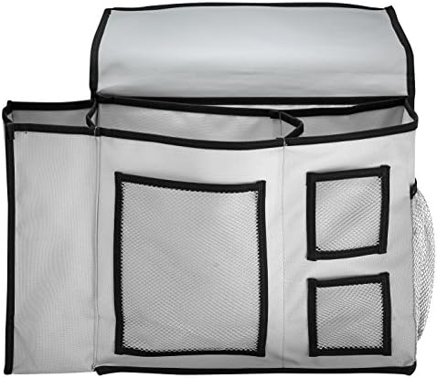 Bedside Organizer Hanging Storage Caddy Bag – 7 Deep Pockets / 4 Mesh Compartments for Books, iPad,Cell Phone, TV Remote, Glasses+ Tissue Box and Water Bottle Holder – Stylish Design for Any Bedroom