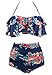 COCOSHIP Red Pink & Navy Blue Antigua Floral Retro Boho Flounce Falbala High Waist Bikini Set Chic Swimsuit Bathing Suit XXL(FBA)