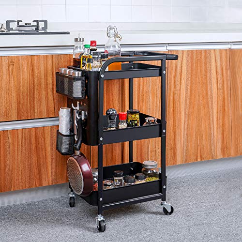 Titan Mall Metal Storage Rolling Cart, 3-Tier Organizer Cart with Removable Pegboard Hooks and Utility Handle for Kitchen Office Classroom, Black - Thumbnail 5