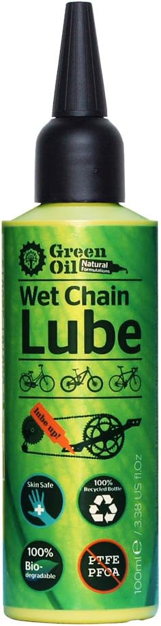GREEN OIL Cycle Chain Lube, 100 ml, Wet & Dry Conditions, Biodegradable, Natural, Eco Friendly, Skin Safe, Free of PTFE PFOA Palm Oil Petroleum, Recycled Plastic Bottle, Award-Winning Lube
