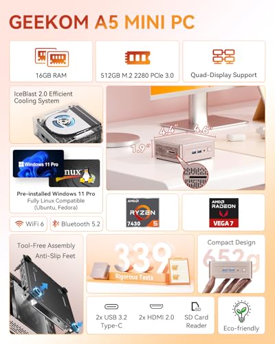 GEEKOM Mini PC A5 2026 with AMD Ryzen 5 7430U, 16GB RAM (Expandable, Not LPDDR) 512GB SSD, Windows 11 Pro Ultra Quiet Compact Desktop PC with Dual HDMI 8K Output & SD Slot for Business/Office