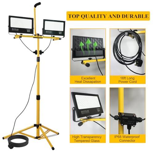 BOYKIM LED Work Light with Stand,200W 20000Lumens Portable Outdoor Flood Lights with 16ft Long Power Cord,IP66 Waterproof Adjustable Height for Construction Garage Workshop Jobsite