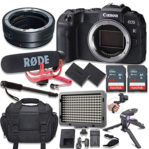 Canon EOS RP Mirrorless Digital Camera (Body Only) Kit + Mount Adapter + Video Accessory Bundle with Rode Video Go Mic, 128GB Memory, LED Light & More