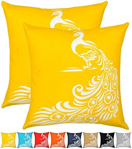 Urban Style Decor Peacock Decor Bird Throw Pillow Cover Cushion Cases Cotton Printed Decorative (18 x 18 Inches, Set of 2, Yellow) by