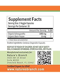 Organic Ashwagandha Capsules with Black Pepper - 1950mg Maximum Strength - Stress Relief...