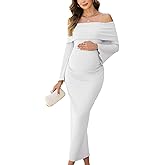 AISWI Off The Shoulder Maternity Dress Bell Sleeves Ruched Bodycon Maxi Elegant Pregnancy Dresses Baby Shower Photoshoot