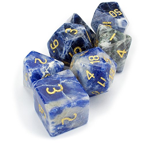 Wiz Dice Set of 7 Handmade Stone 16mm Polyhedral Dice with Velvet Pouch (Sodalite)