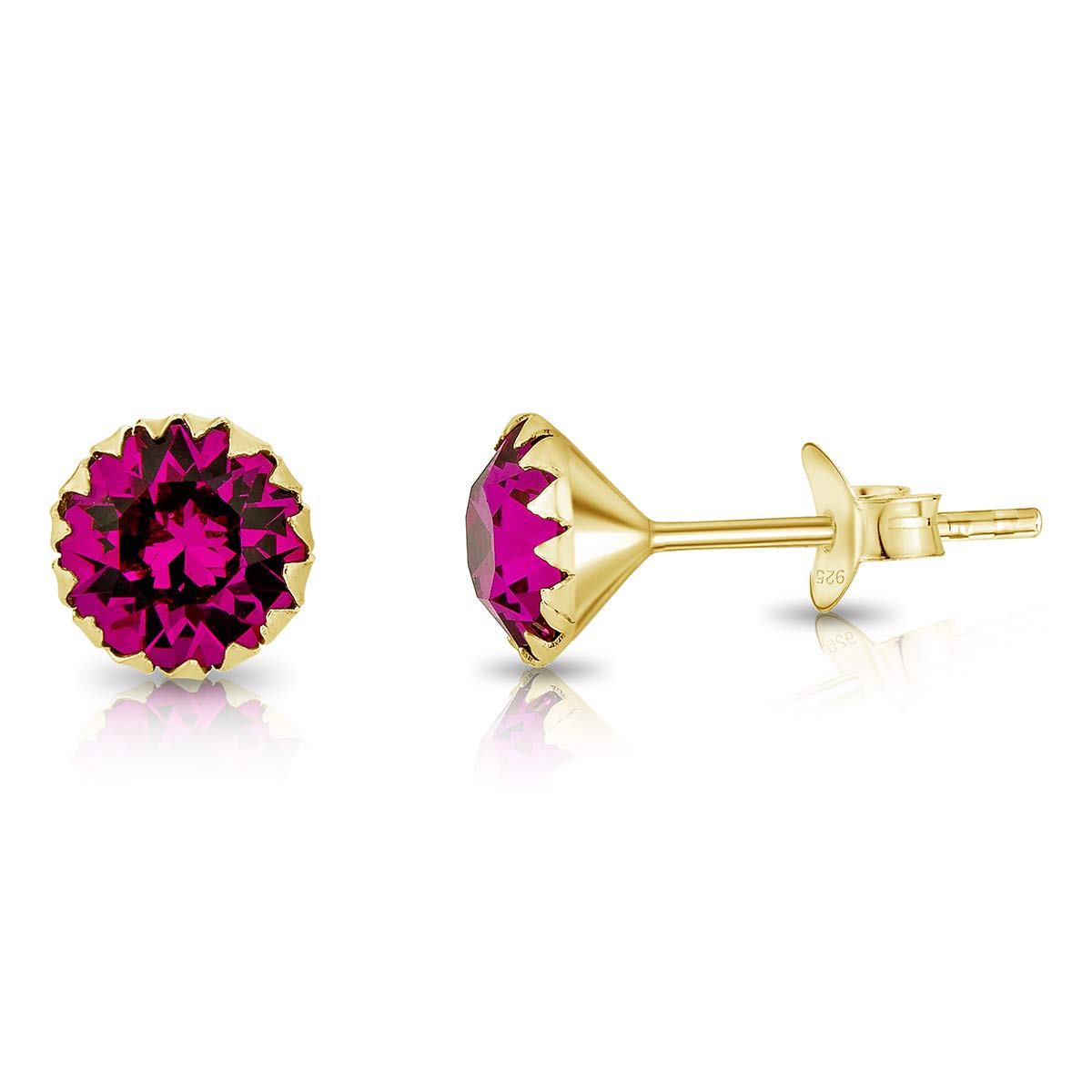 DTPSilver - 925 Sterling Silver Yellow Gold Plated Round Stud Earrings made with Glittering Crystals from Swarovski® Elements - Diameter: 6 mm - Colour : Fuchsia
