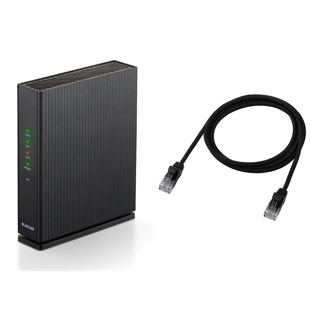 Elecom ECLD-GPAM/BK10 WiFi Router, Wireless LAN WiFi6, 1201+300Mbps, AX1500, IPv6 (IPoE) Compatible, Wired Giga WRC-X1500GS2-B + LAN Cable, CAT6A, 3.3 ft (1 m) Nail Break Prevention, Mesh Cable, Black