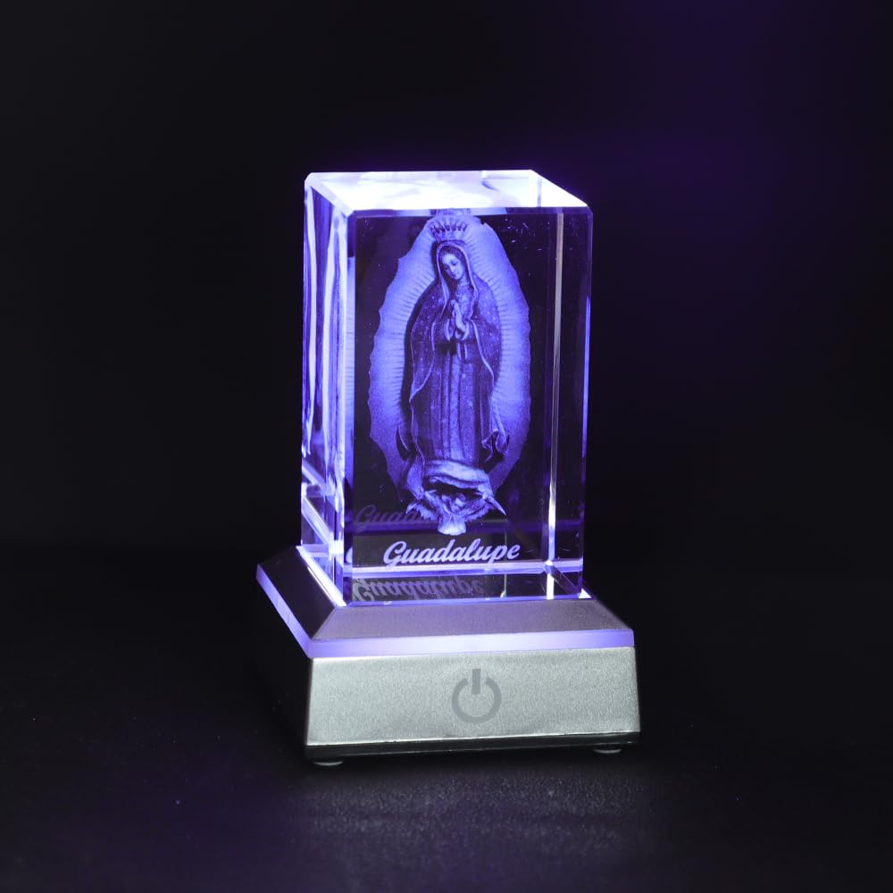 KOMI 3D Crystal Statues Decorations Religious Gifts for Women Laser Etched Crystal Our Lady of Guadalupe Glass Statues with Colorful LED Light Base