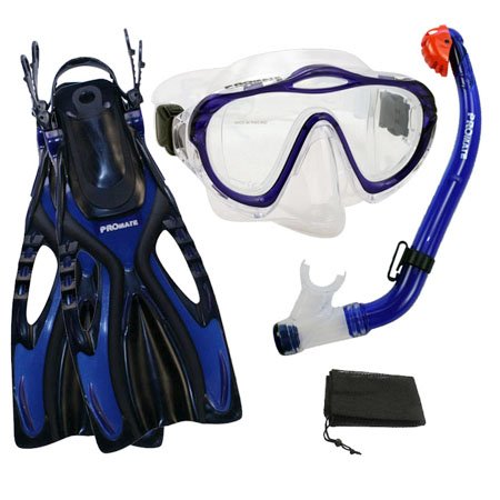 PROMATE Junior Snorkeling Scuba Diving PURGE Mask DRY Snorkel Fins w/ Mesh Bag Set for kids, Blue, S/M