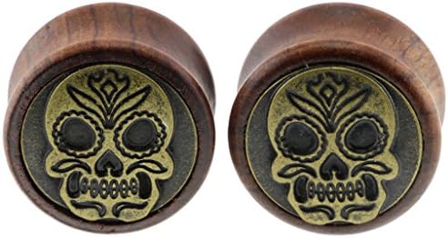 Oasis Plus Brass Sugar Skull Organic Wood Tunnels Double Flared Ear Stretcher Saddle Plugs Gauge 8mm - 20mm