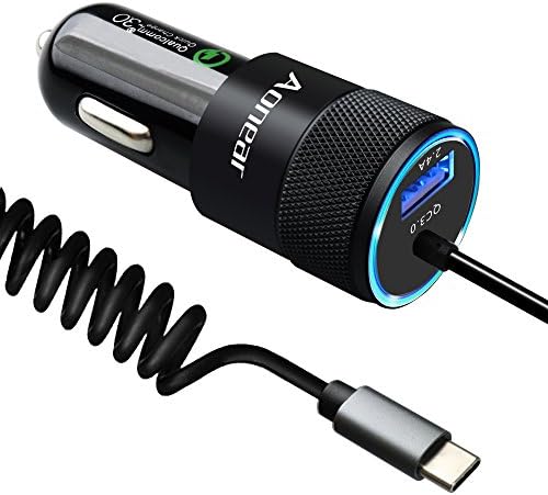 USB Type C Car Charger, Aonear 36W USB Car Charger with Quick Charge 3.0 Technology,Built-in Coiled Type C Cable for Nexus 6P 5X, LG G6, Galaxy S8/S8+/Note 8 ,Pixel 2/2 XL,OnePlus,with Extra USB Port