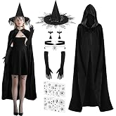 SelfTek Halloween Witch Costume for Women- 17-Piece | Hooded Cloak, Witc-h Hat, Long Gloves, Spider Necklace, Eardrop, Tattoo Stickers, for Halloween, Cosplay Props Party Outfits