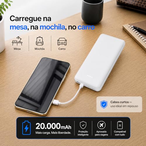 Power Bank Carregador Portátil Universal 20000mAh com Cabos Integrados USB-A, USB-C (Type-C), Micro-USB e USB-Light Carregamento Rápido Bateria Externa Compacta para Celular Android iOS (branco)