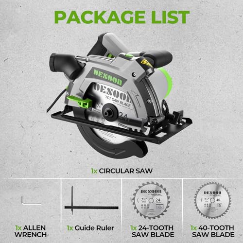 DESOON Sega Circolare da 1600 W con Guida Laser, Include Guida Parallela e 2 Lame da Seghetto (185 mm, 24T e 40T), 5500 Giri/min, Profondità di Taglio 65 mm (90°) e 43 mm (45°), per Taglio Legno
