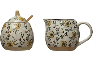 Creative Co-Op Hand-Painted Spoon and Lid, Stoneware Creamer, Set of 3 Sugar Pot, 9" L x 4" W x 4" H, Multicolor