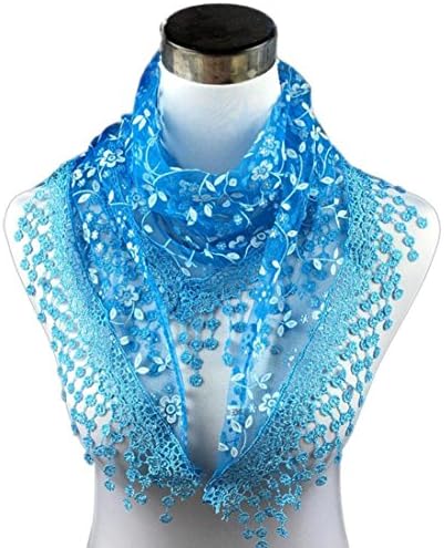 TONSEE Lightweight Triangle Floral Fashion Lace Fringe Scarf Wrap for Women (Blue)