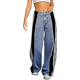 Lingt Chic Women's High Waisted Patchwork Striped Wide Leg Jeans Y2K Baggy Color Block Loose Fit Denim Pants