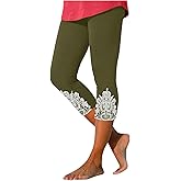 Aniywn White Capri Leggings for Women High Waisted Floral Lace Stitching Leggings Stretch Soft Cropped Capris Pants Plus Size