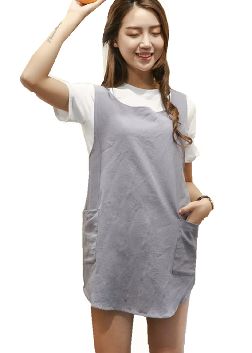 AOBBYBBS Soft Cotton Linen Apron Solid Color Halter Cross Bandage Aprons Japanese Style X Shape Double Pockets Round Skirt Kitchen Cooking Clothes Chef Summer Fit (Light Grey)