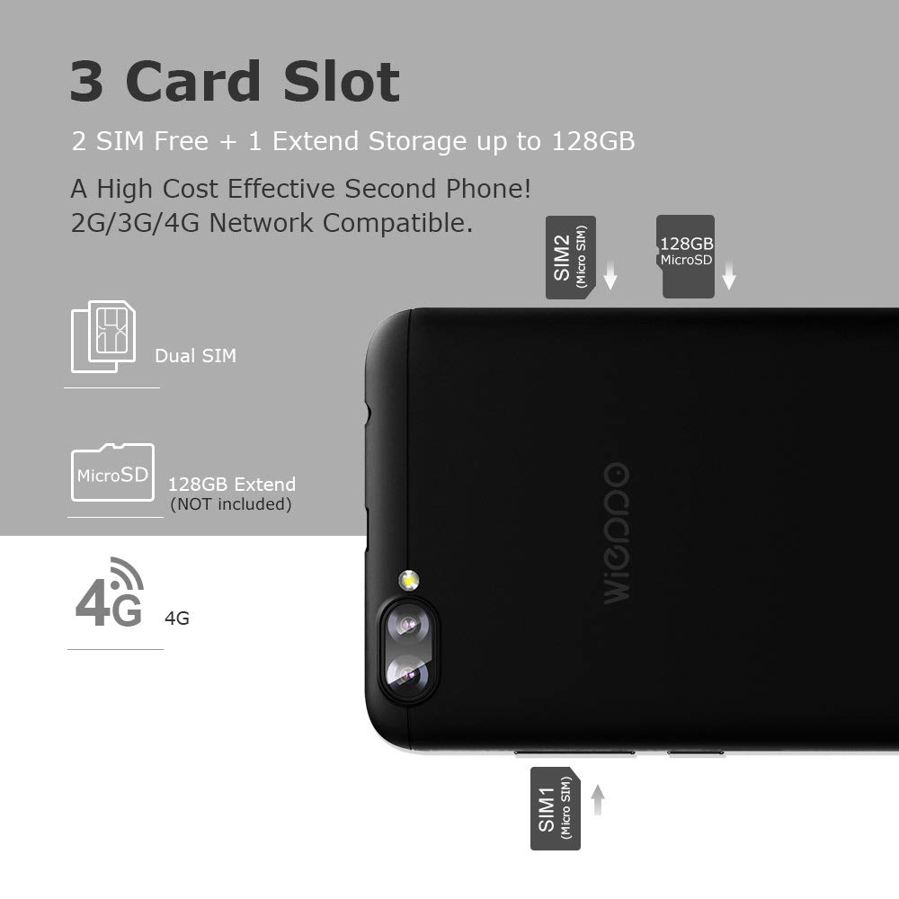 4G Handy Ohne vertrag 5,5 Zoll, 2GB+16GB, Android 7.0 Handy Dual SIM, 8MP+5MP Kamera, HD 1280 * 720 Bildschirm, Akku 2970mAh, Wieppo S6 Unlocked Smartphone Bluetooth GPS OTG (Schwarz)