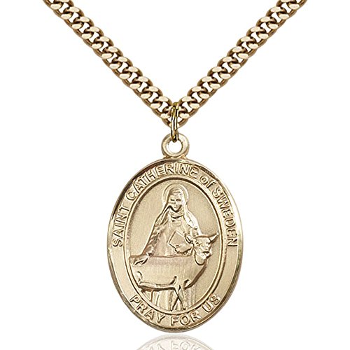Gold Filled St. Catherine of Sweden Pendant 1 x 3/4 inches with Heavy Curb Chain