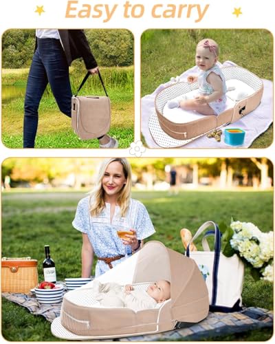 Baby Travel Cot with Mosquito Net and Awning, Foldable Baby Tent, Washable Crib Bionic Travel Bed Breathable Cradle Cot, Portable Baby Cot, Foldable Baby Cot with Mosquito Net (Brown)