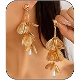 14K Gold Leaf Flower Dangle Tassel Earrings for Women, Exaggerated Large Floral Drop Statement Earrings Chunky Leaves Pearls Stud Jewelry Gifts