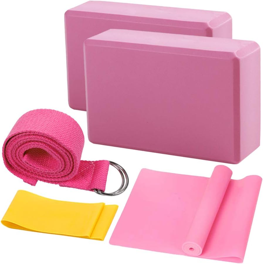 KINDOYO Exercise Belt - 5 Piece Essentials Beginners Bundle Include Yoga Blocks Yoga Belt Resistance Band Stretch Band