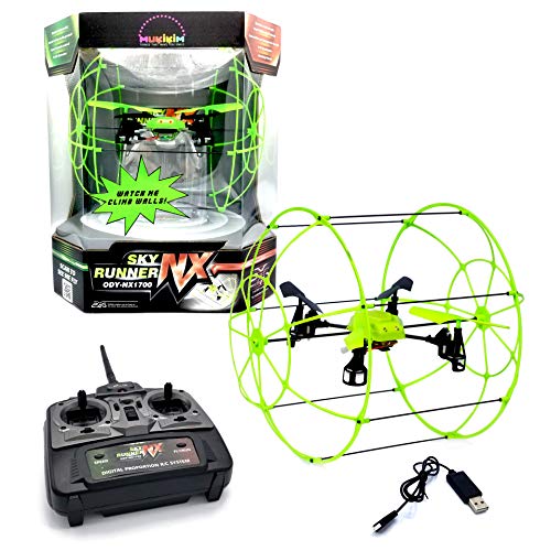 MUKIKIM Sky Runner - Quadcopter Aerocraft. Easy-To-Fly Technology For Indoor/Outdoor! 2.4 GHz Caged Drone that Runs Along Floors, Ceilings, Climbs Walls AND Flies Up to 100 ft Away!