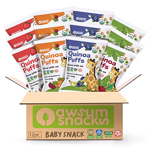 Awsum Snacks Organic Baby Puffs Variety Pack - 12 Bags, No Added Sugar, Vegan & Gluten-Free